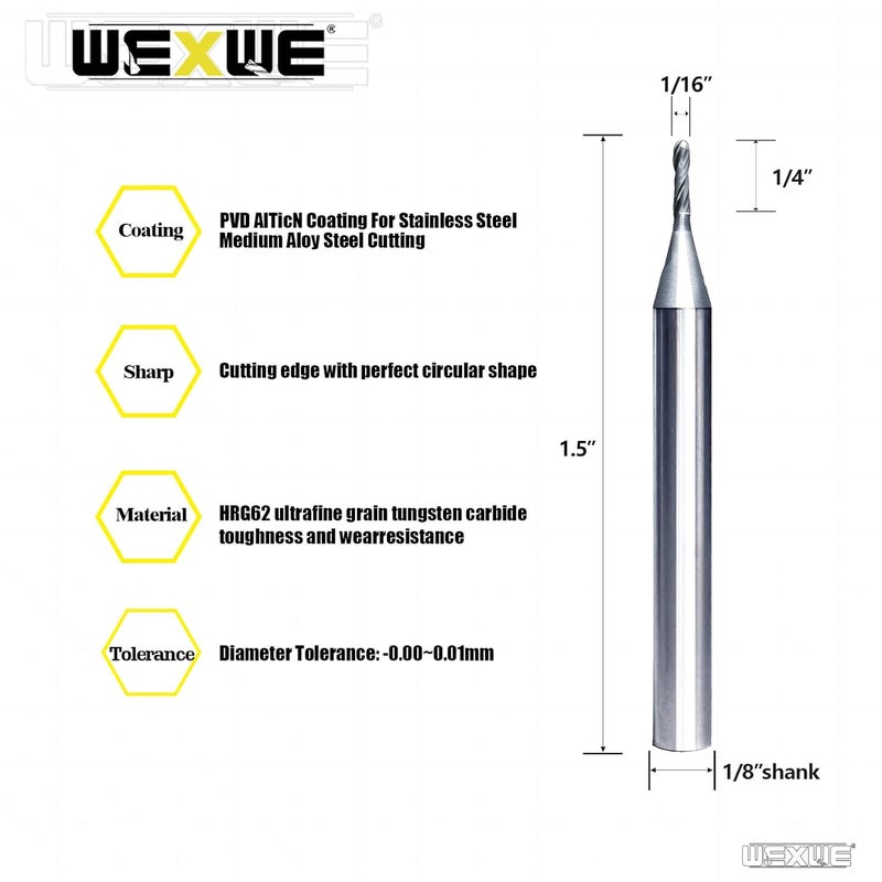 WEXWE Tools Ball Nose Carbide End Mill, DLC Black Coating, CNC Cutting Tools for Steel Cutting, More Wear Resistant, Suit for 3D Carving & Engraving. 2 Flute Router Bits，1/8 Shank (1/16-1.5" 5pcs - Image 2